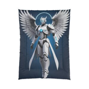 A Comforter featuring a futuristic design of a white humanoid robot with mechanical wings, set against a dark, tech-inspired background.