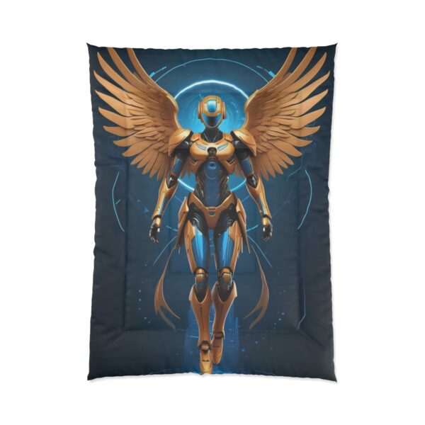 A Comforter featuring a futuristic design of a humanoid robot with golden wings, set against a dark, tech-inspired background.