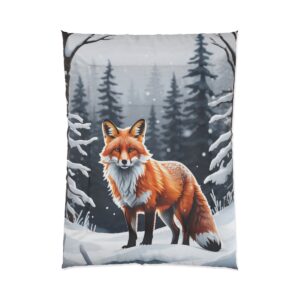 A Comforter featuring a detailed depiction of a fox standing in a snowy forest with tall pine trees in the background.