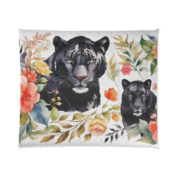 Two black panthers surrounded by colorful flowers and foliage