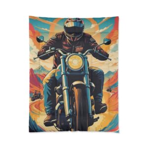 A Comforter featuring a bold, dynamic design of a motorcyclist riding toward the viewer, set against a vibrant background with mountains and a sunset.