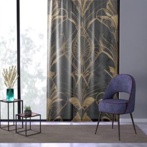 Bold geometric shapes in gold on deep black window curtain