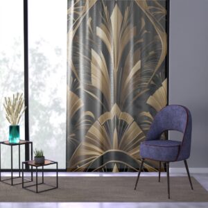 Gold geometric designs on classic black window curtain