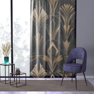 Gold geometric shapes on black art deco window curtain