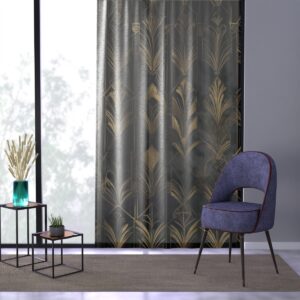 Gold geometric pattern on black window curtain