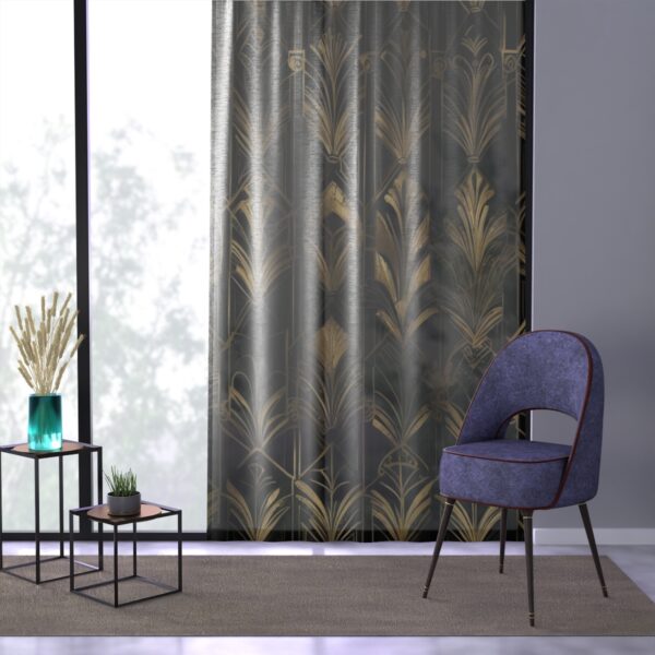 Gold geometric pattern on black window curtain