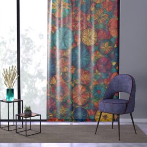 Vibrant geometric optical illusion window curtain in room