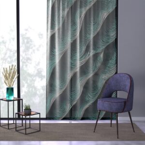 Polyester window curtain with serene optical wave design for a tranquil ambiance.