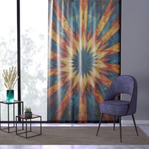 Curtain with sunburst geometric pattern adding warmth and vibrancy to any room.