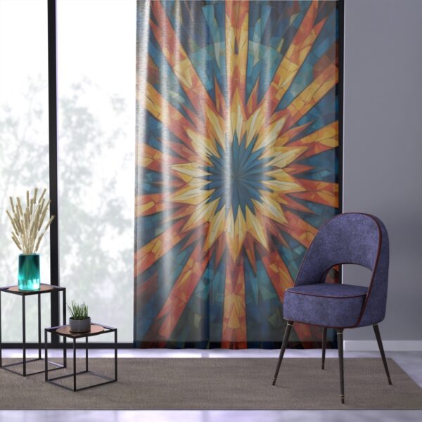 Curtain with sunburst geometric pattern adding warmth and vibrancy to any room.