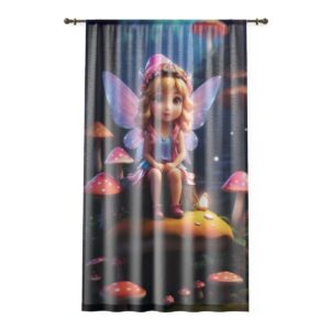 Fairy sitting on a mushroom in an enchanted forest window curtain