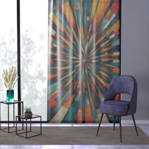 Window curtain with vibrant sunburst pattern in a modern living space