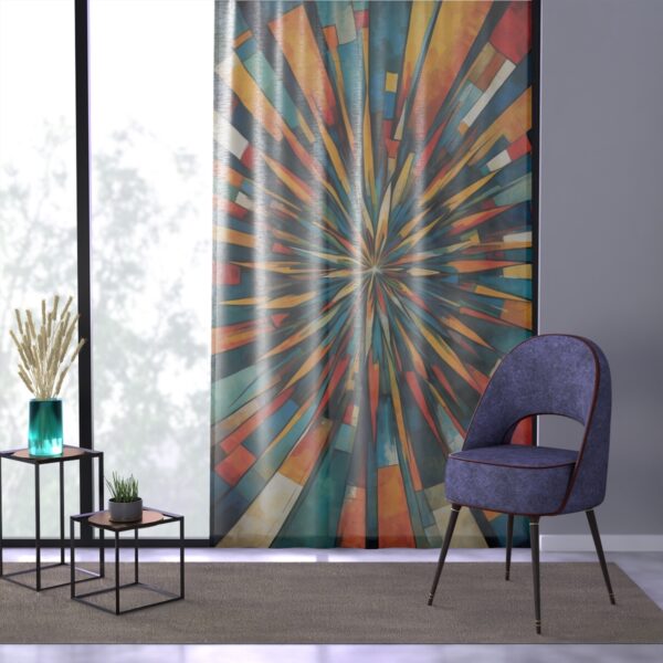 Window curtain with vibrant sunburst pattern in a modern living space