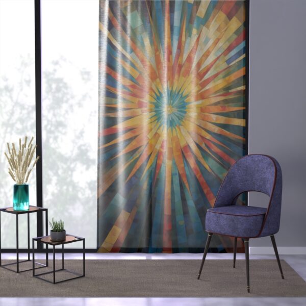 Colorful window curtain with sunburst and geometric patterns