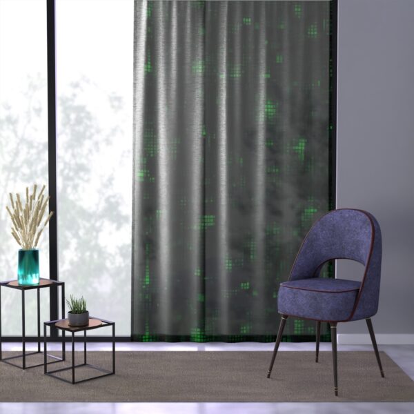 Vibrant green digital pixel pattern on sleek black window curtain