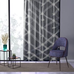 Light curtain with navy and white geometric nautical net design