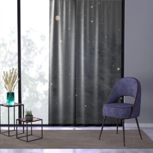 Sheer dark curtain with celestial geometric patterns