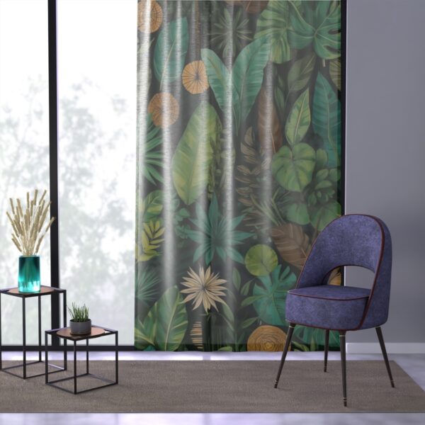 Elegant jungle pattern window curtain with green and brown foliage