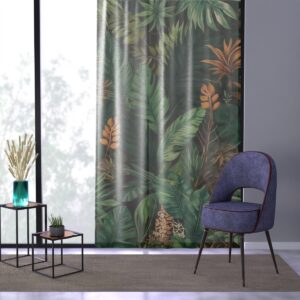 Tropical window curtain with geometric silhouettes and green shades