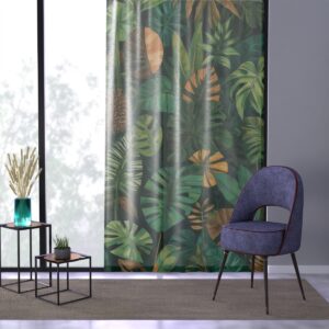 Window curtain with verdant greens and geometric earth tones