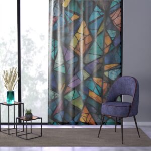 Jewel-toned window curtain with mosaic of abstract geometric shapes