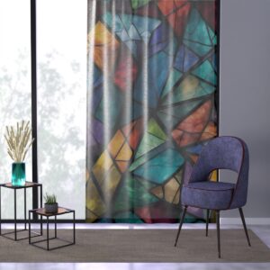 Artisan-inspired window curtain with vibrant abstract geometric shapes