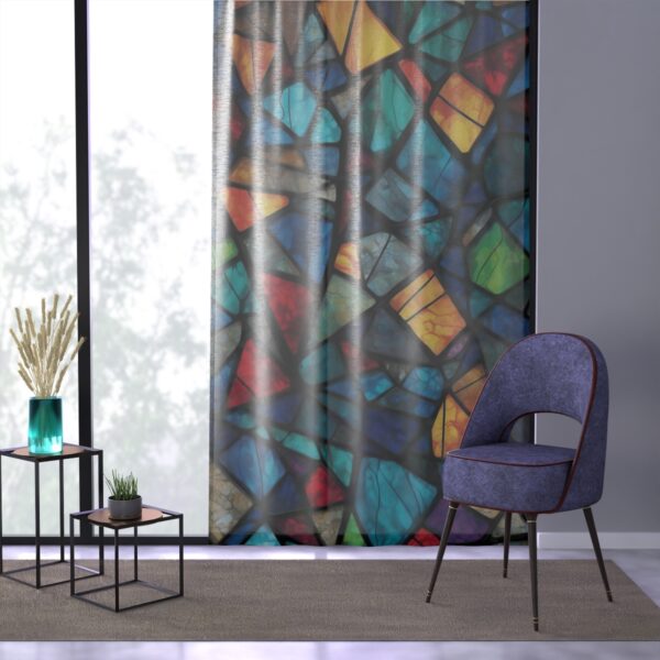 Light-filtering window curtain with stained glass effect and abstract geometry