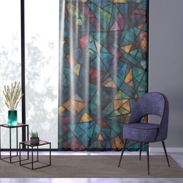 Vibrant geometric patterned window curtain in translucent colors