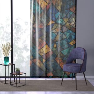 Multicolor abstract geometric window curtain in a contemporary room