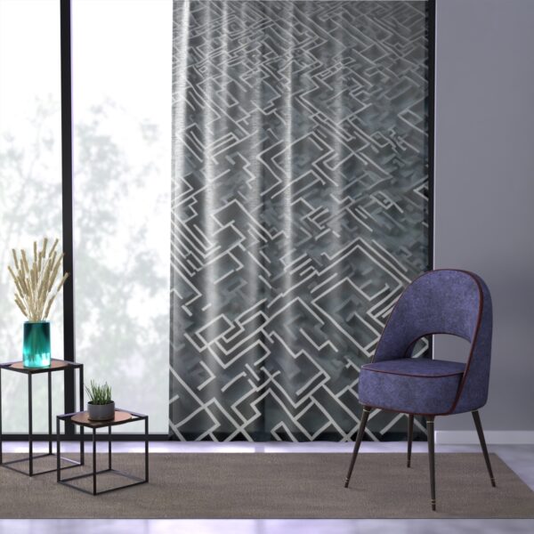 "Modern grey geometric window curtain with urban maze design