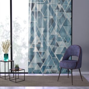 Window curtain with sharp geometric angles in cool arctic blue and white.