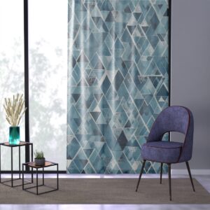 Modern arctic blue and white geometric shapes on window curtain.