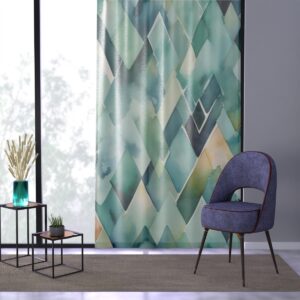 Elegant watercolor geometric pattern on contemporary window curtain.