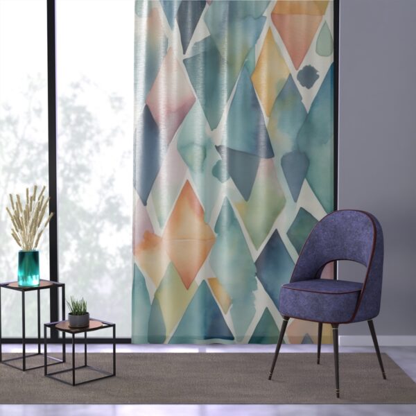 Modern curtain with fluid geometric shapes in calming colors.