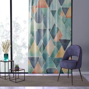 Abstract watercolor geometric shapes on window curtain.