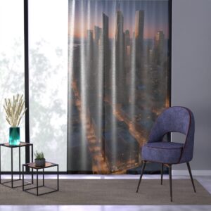 Shimmering city skyline at dusk on elegant curtain.