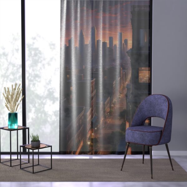 Evening cityscape curtain in a modern living room.