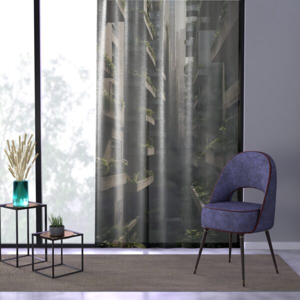 Urban architecture themed window curtain in a comfortable home setting