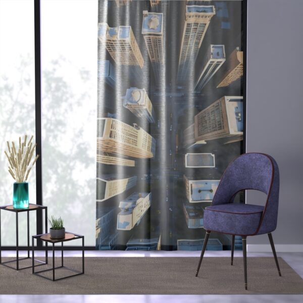 Towering cityscape print window curtain in a comfortable home setting