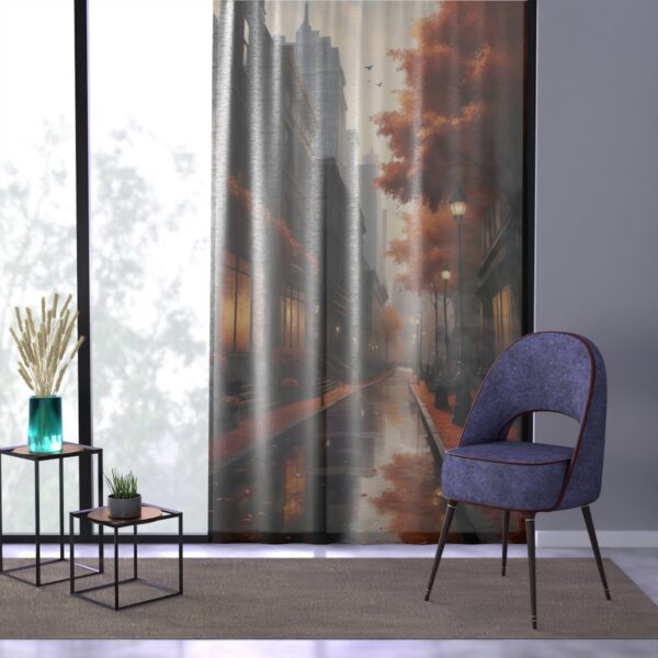 Autumn cityscape window curtain adding seasonal warmth to home decor