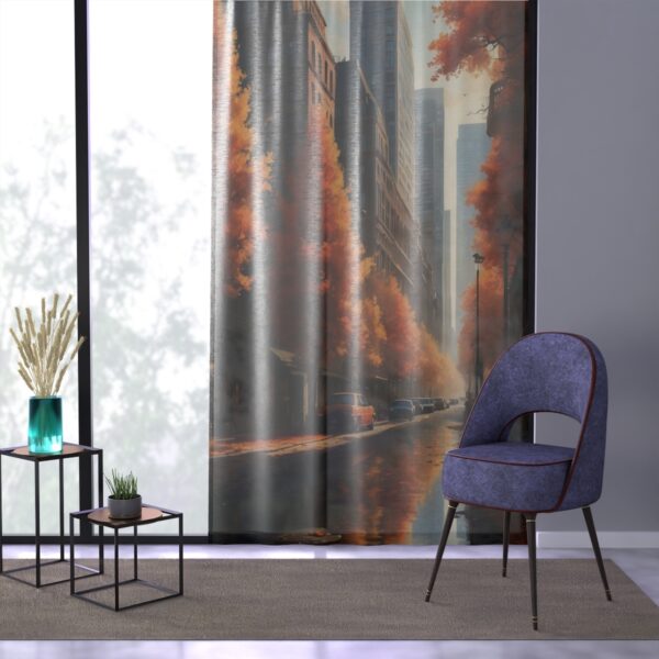 Elegant window curtain with autumn street scene print