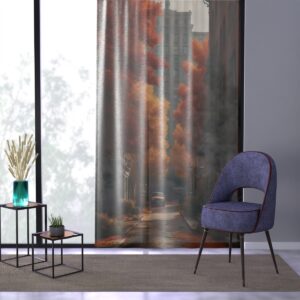 Warm fall palette window curtain with cityscape design