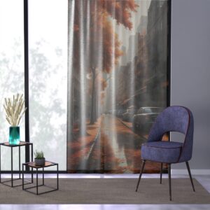 Autumnal city street print window curtain in a stylish interior