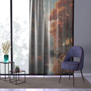 Cityscape window curtain with vibrant autumnal hues