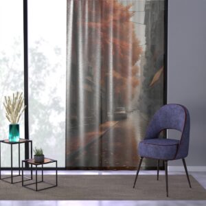 Fall-themed urban window curtain with cozy ambiance