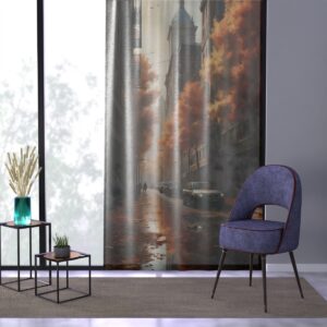 Autumnal cityscape window curtain in a cozy room setup