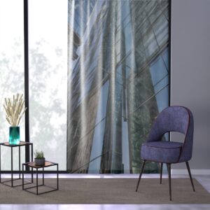 Contemporary city life themed window curtain in a modern room setting