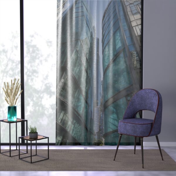 Skyscraper design window curtain in modern interior with blue chair and table