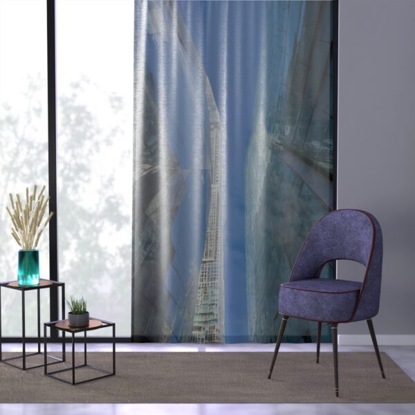 Urban chic glass and steel giants design window curtain in modern room setting