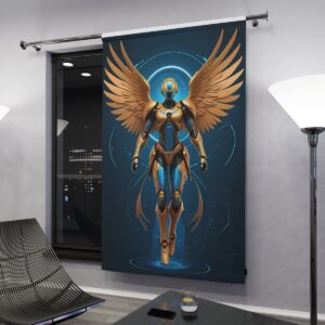 Robot with golden cybernetic wings window curtain